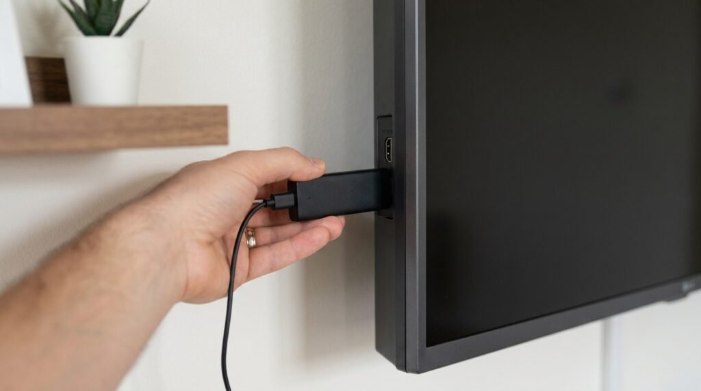 Branchement d'une clé IPTV sur le port HDMI d'un téléviseur pour transformer l'écran en télé connectée