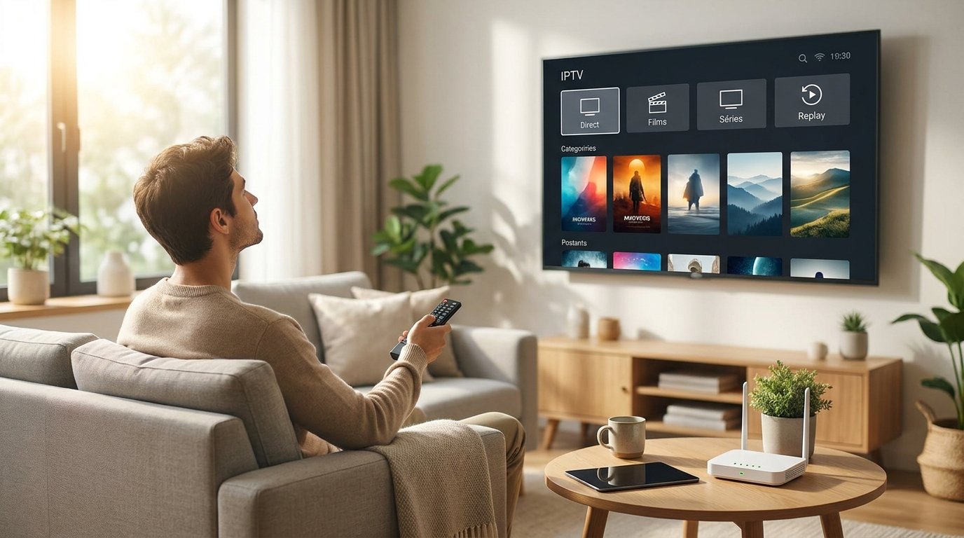 Personne qui regarde la télévision par Internet dans un salon lumineux, illustration de l'iptv internet protocol
