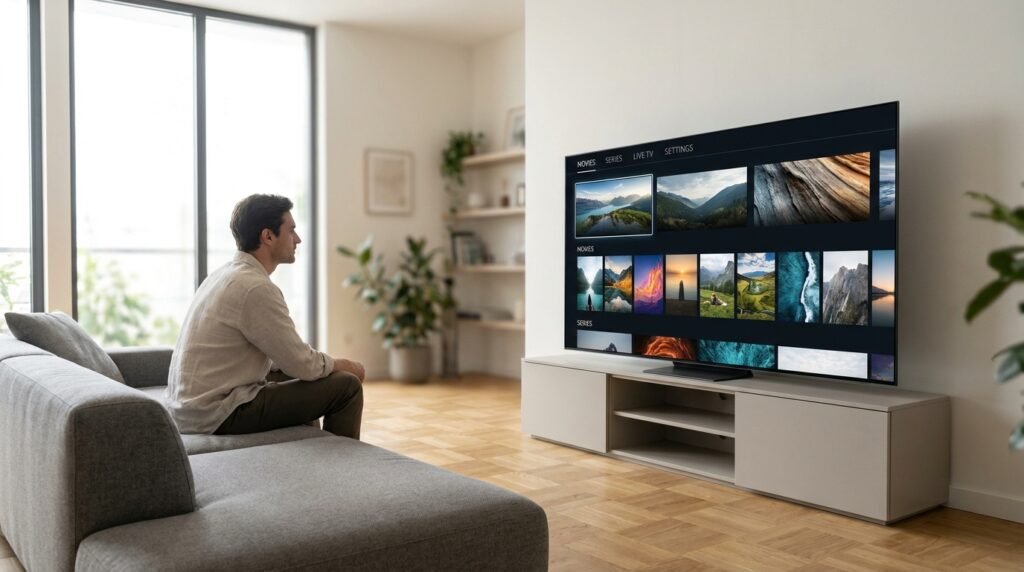 Grand téléviseur de salon affichant une résolution 4K IPTV d'une grande netteté