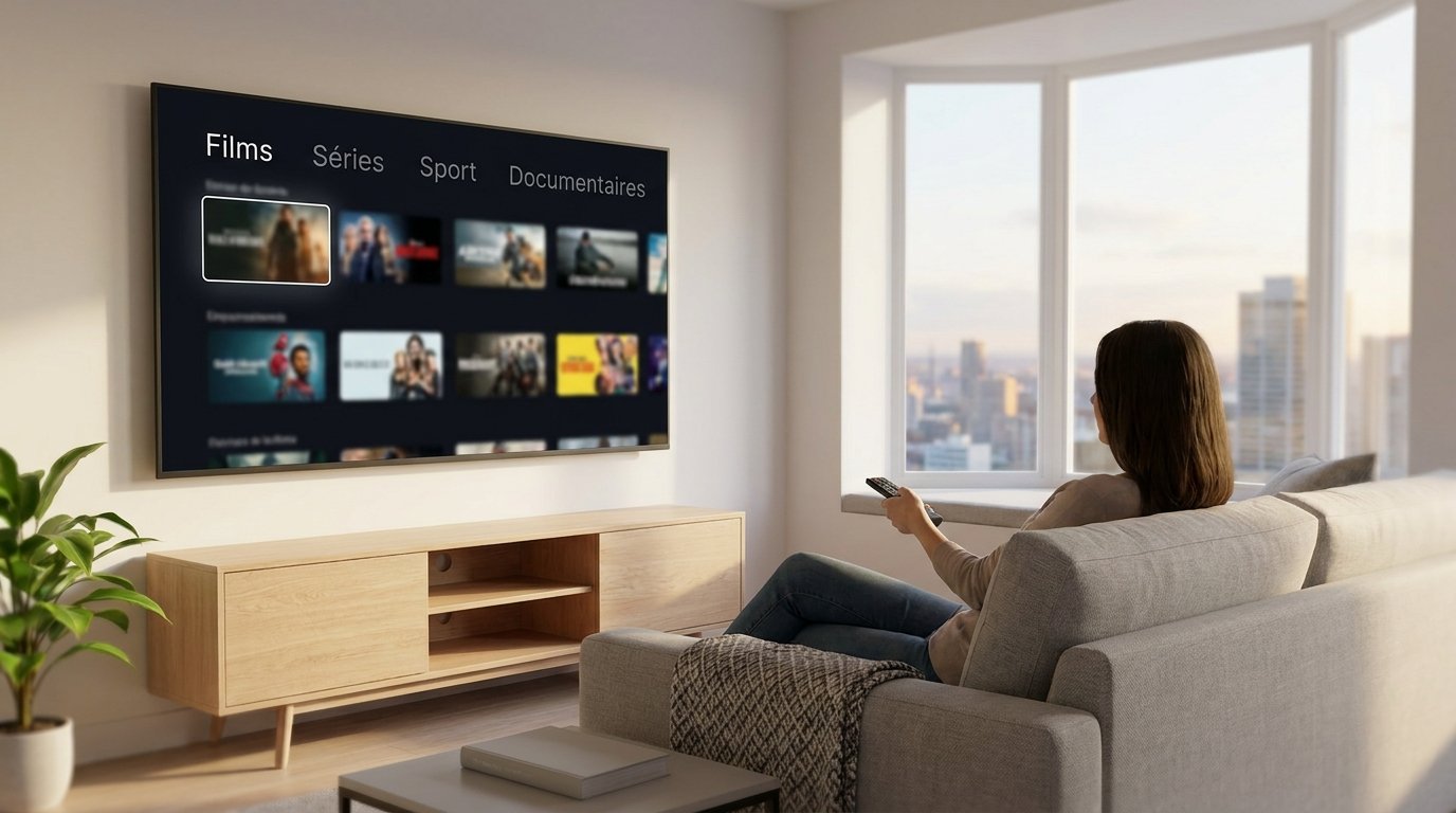 Salon moderne avec un téléviseur 4K affichant une interface iptv 4k en Ultra HD