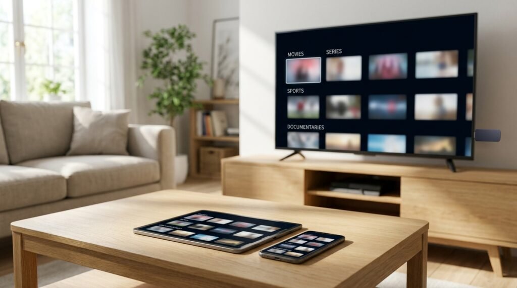 Smartphone, tablette et télé affichant du streaming 4K compatible iptv with 4k