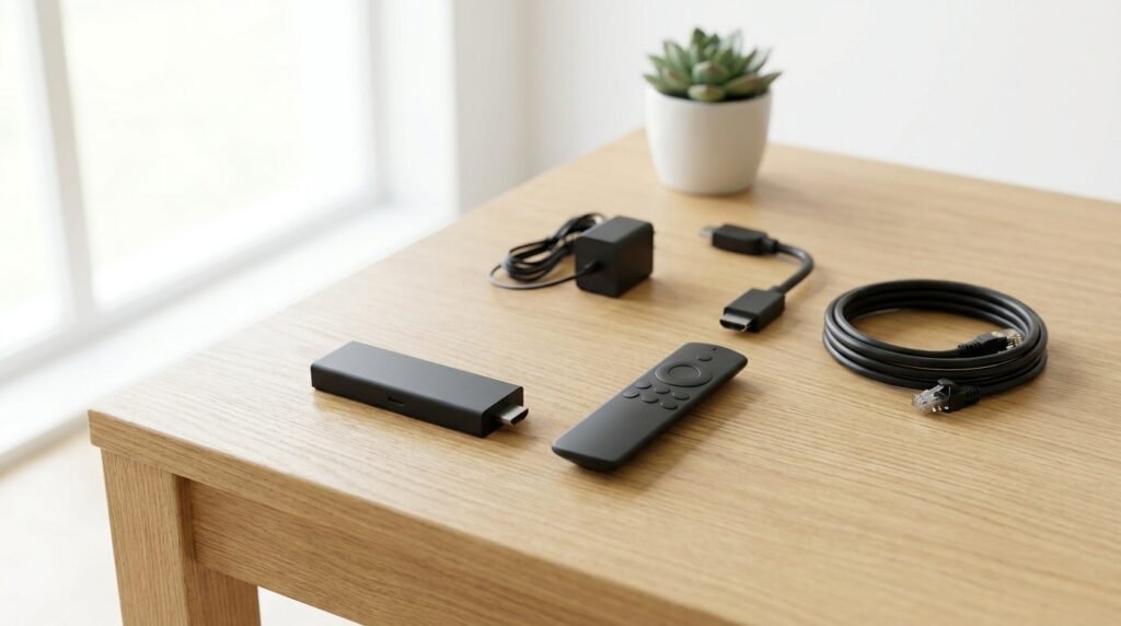 Clé streaming IPTV, télécommande, rallonge HDMI et adaptateur secteur posés sur une table, prêts pour l'installation