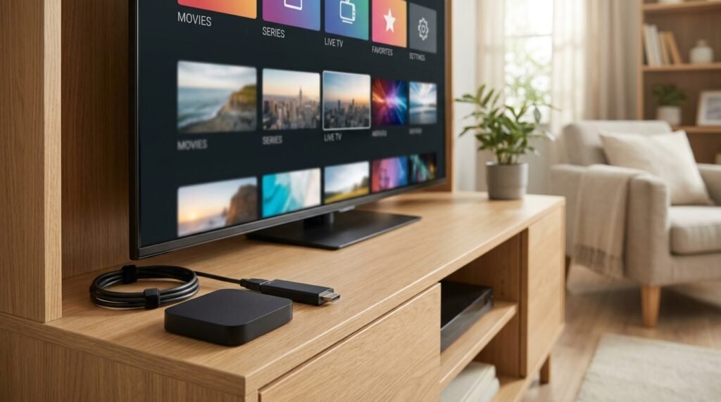 Smart TV 4K connectée à une box et à un stick HDMI pour profiter de l'IPTV Ultra HD