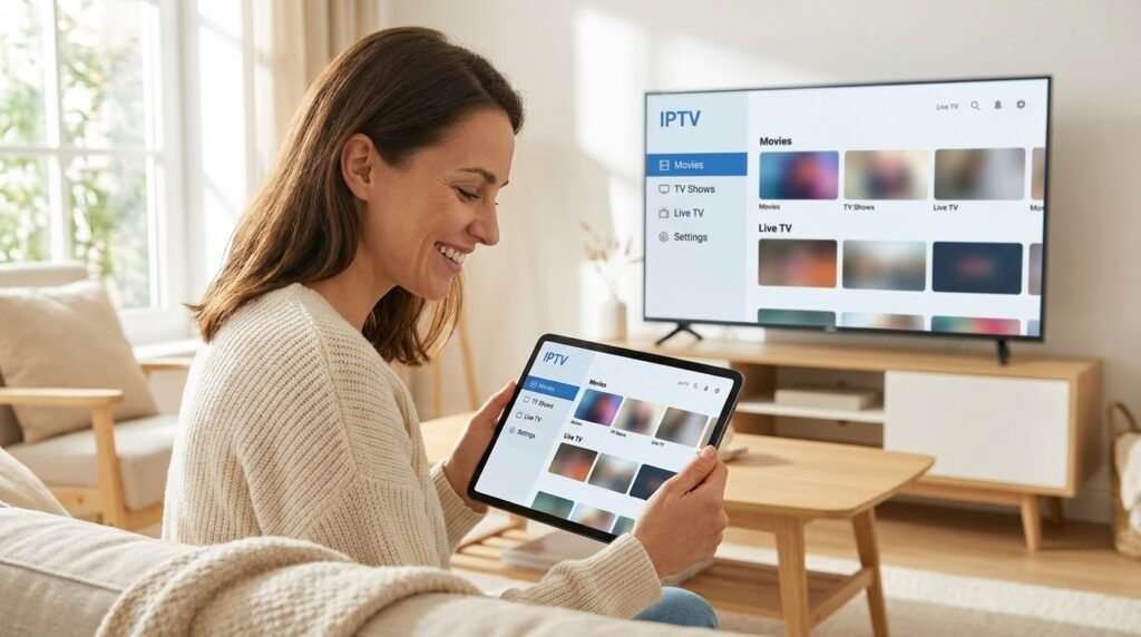 Test d'un service de streaming IPTV sur tablette et Smart TV pendant un essai gratuit avant abonnement